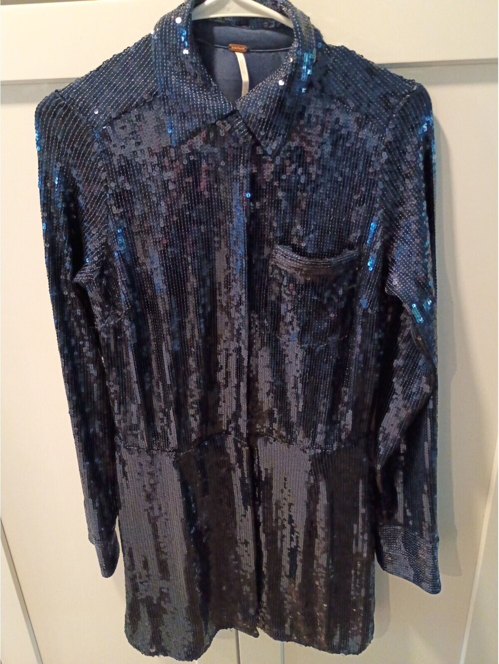 Free People Navy Blue Sequin Button-Up Shirt Dress Size Small